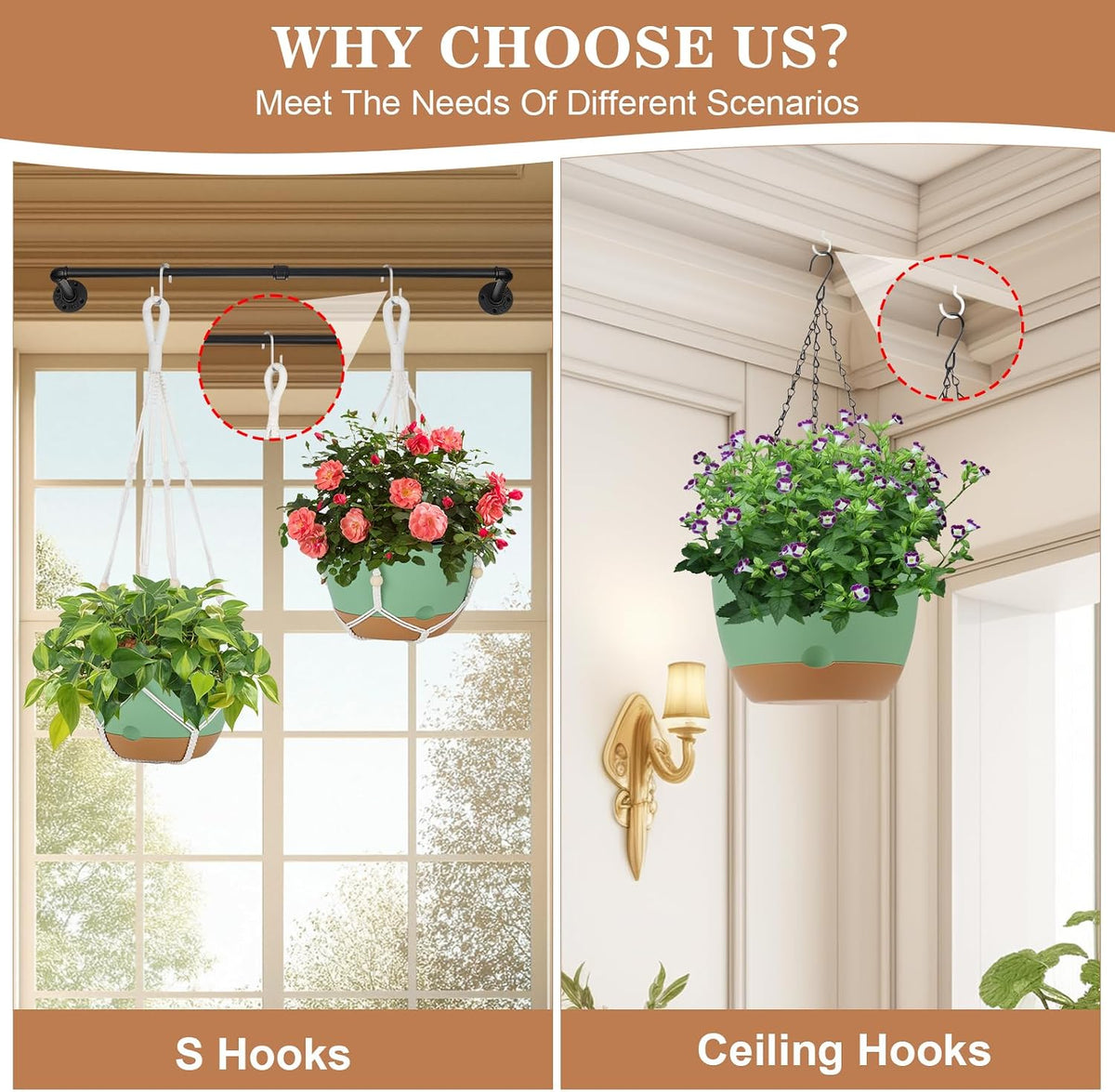 3 Pack Hanging Planter for Indoor Plants, 10inch Self-Watering Hanging Plant Pot, Macrame Plant Hanger with Pot, Chain, S & Ceiling Hooks, Removable Saucer and Drainage Holes for Garden Home - Green
