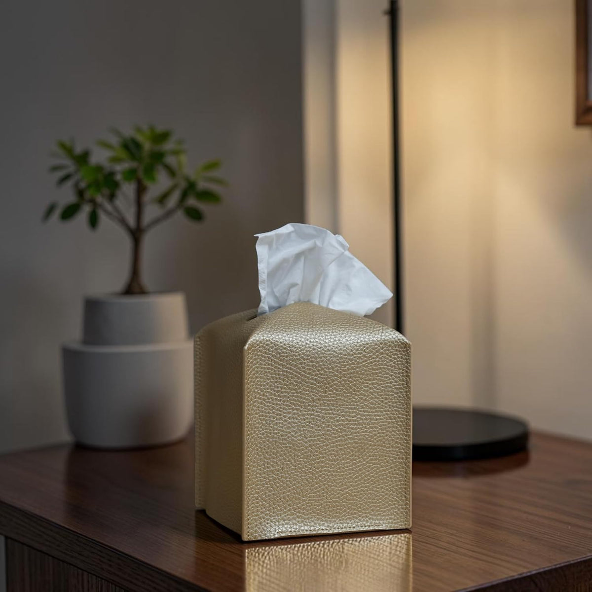 Premium PU Leather Tissue Box Holder - Elegant Hotel-Style Tissue Box Cover for Home, Office & Car Décor, Tissues Cube Organizer for a Natural & Classic Look (Gold 2 Pack)
