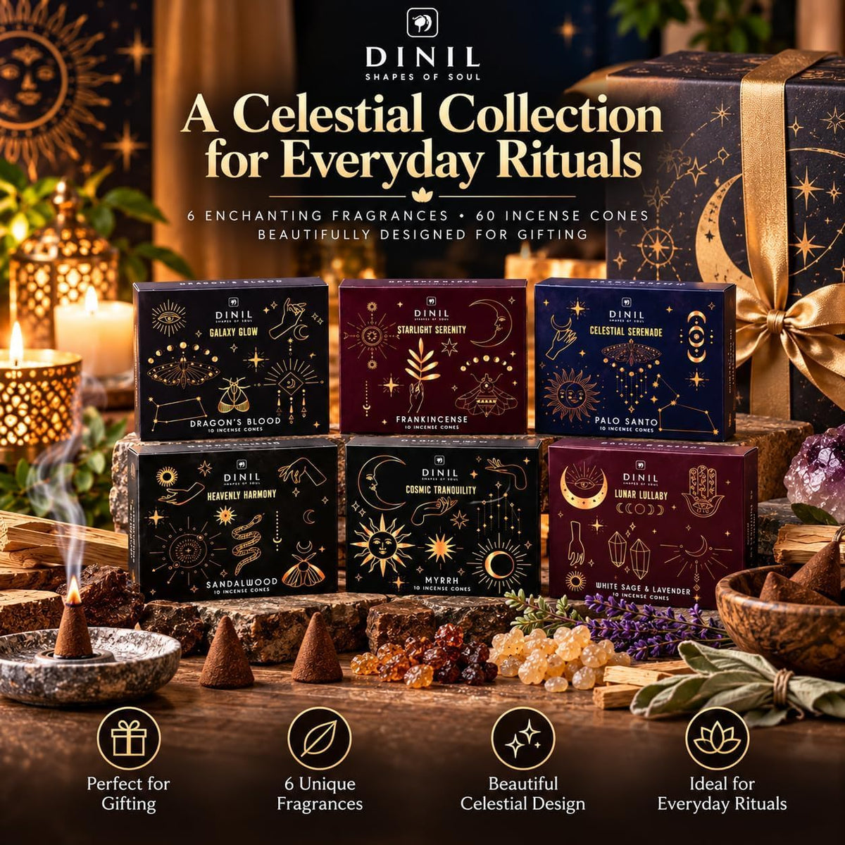 Dinil Cosmic Aura Incense Cones Variety Pack, 60 Cones, 6 Fragrances