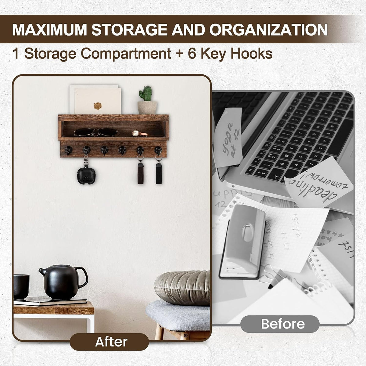Key and Mail Holder Wall Mount with Long Storage Box and 6 Hooks