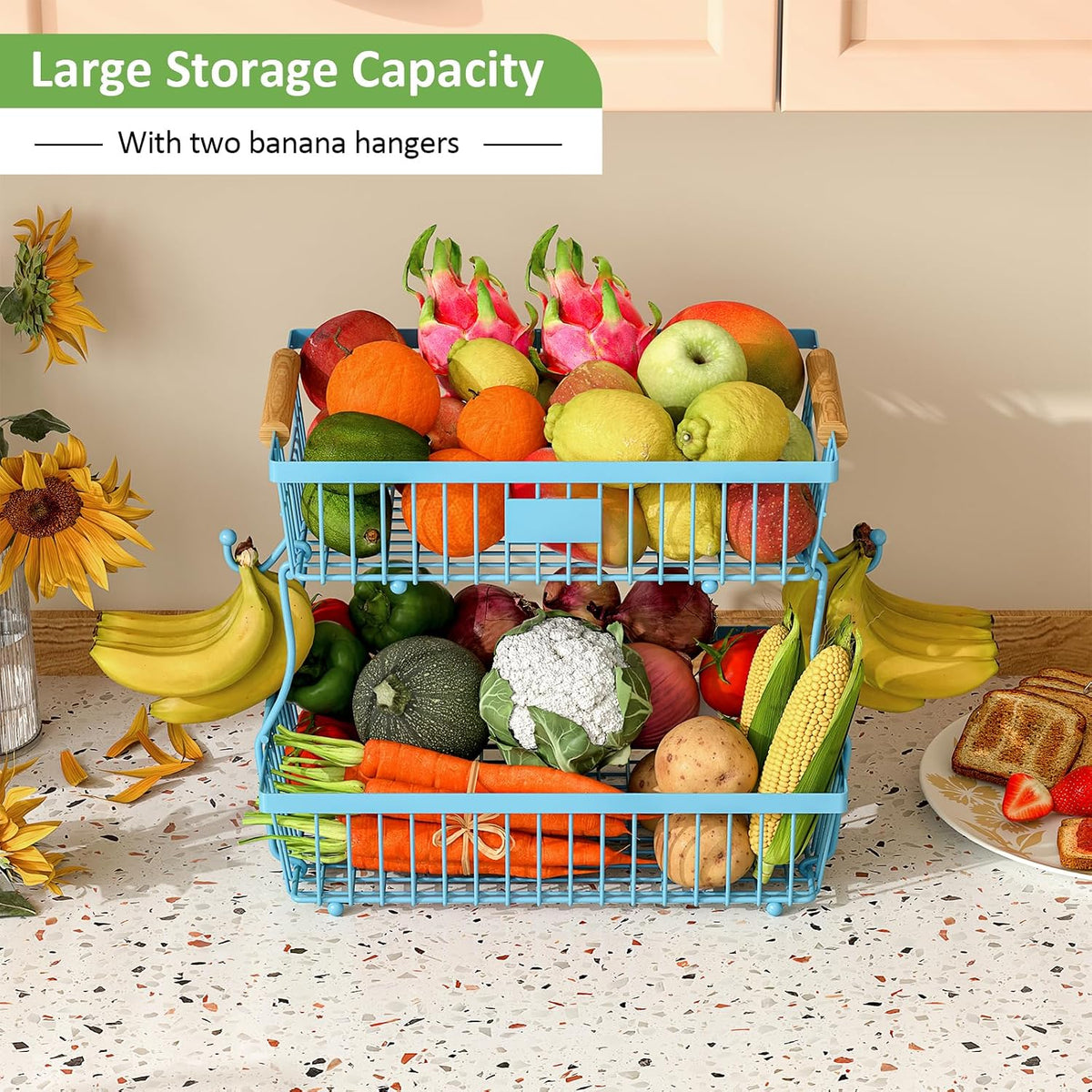 2 Tier Fruit Basket for Kitchen Counter with 2 Banana Hangers, Countertop Metal Bread Basket with Wooden Handle, Large Storage Stand for Vegetables, Snacks, Eggs, Produce Storage – Blue