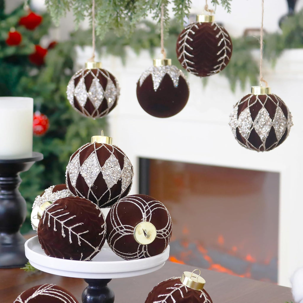 3.15IN Velvet Christmas Ornaments with Glitter, 12pcs Flocked Ornaments Set