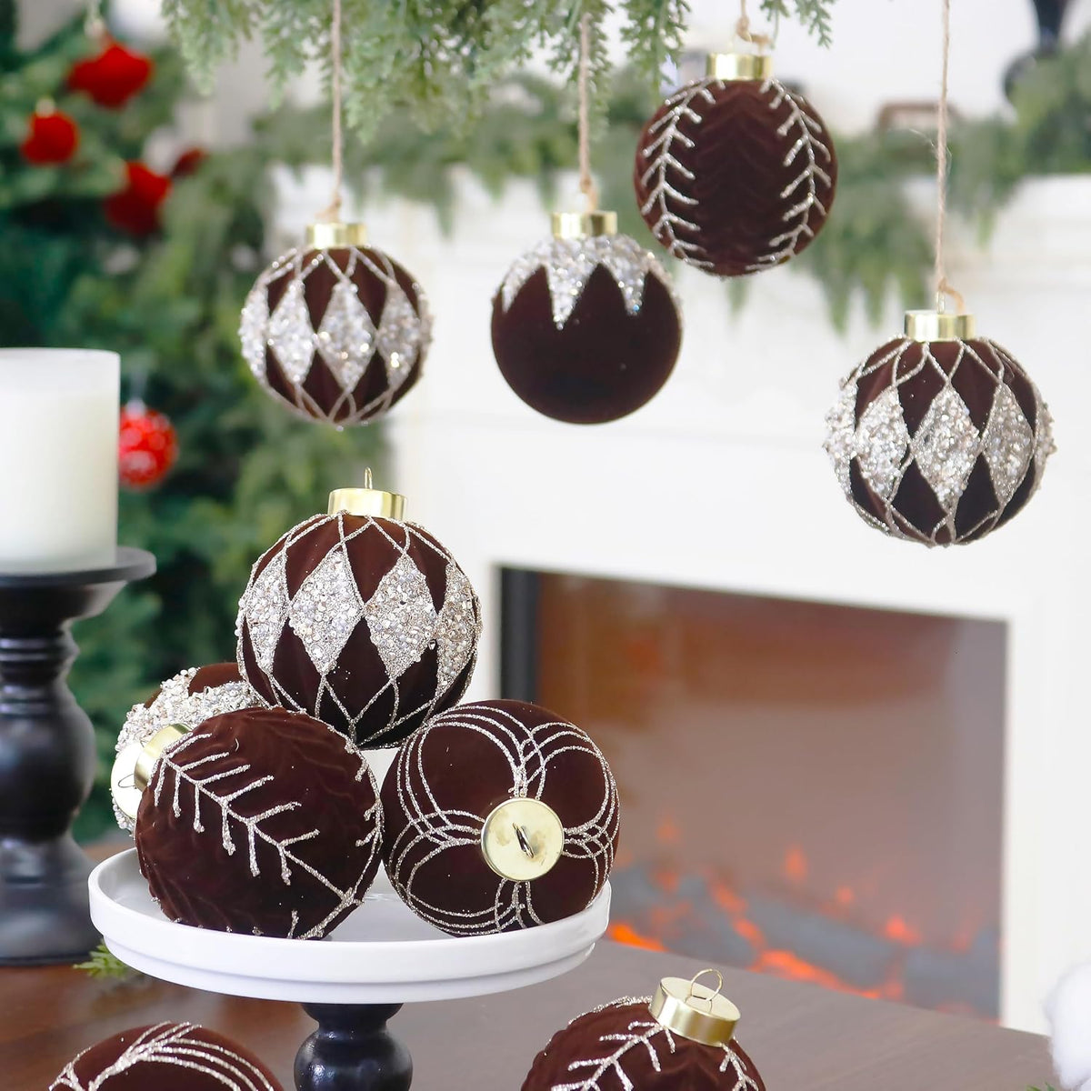 3.15IN Velvet Christmas Ornaments with Glitter, 12pcs Flocked Ornaments Set