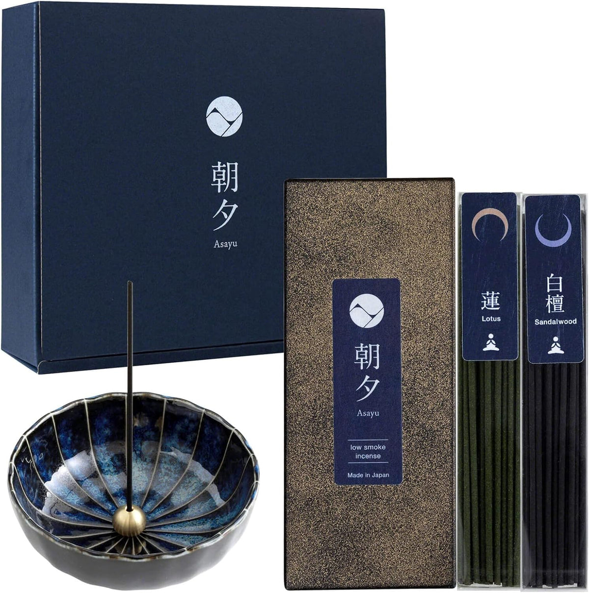 Asayu Japan Yoga Incense Gift Set with Navy Blue Lotus Holder, Low Smoke