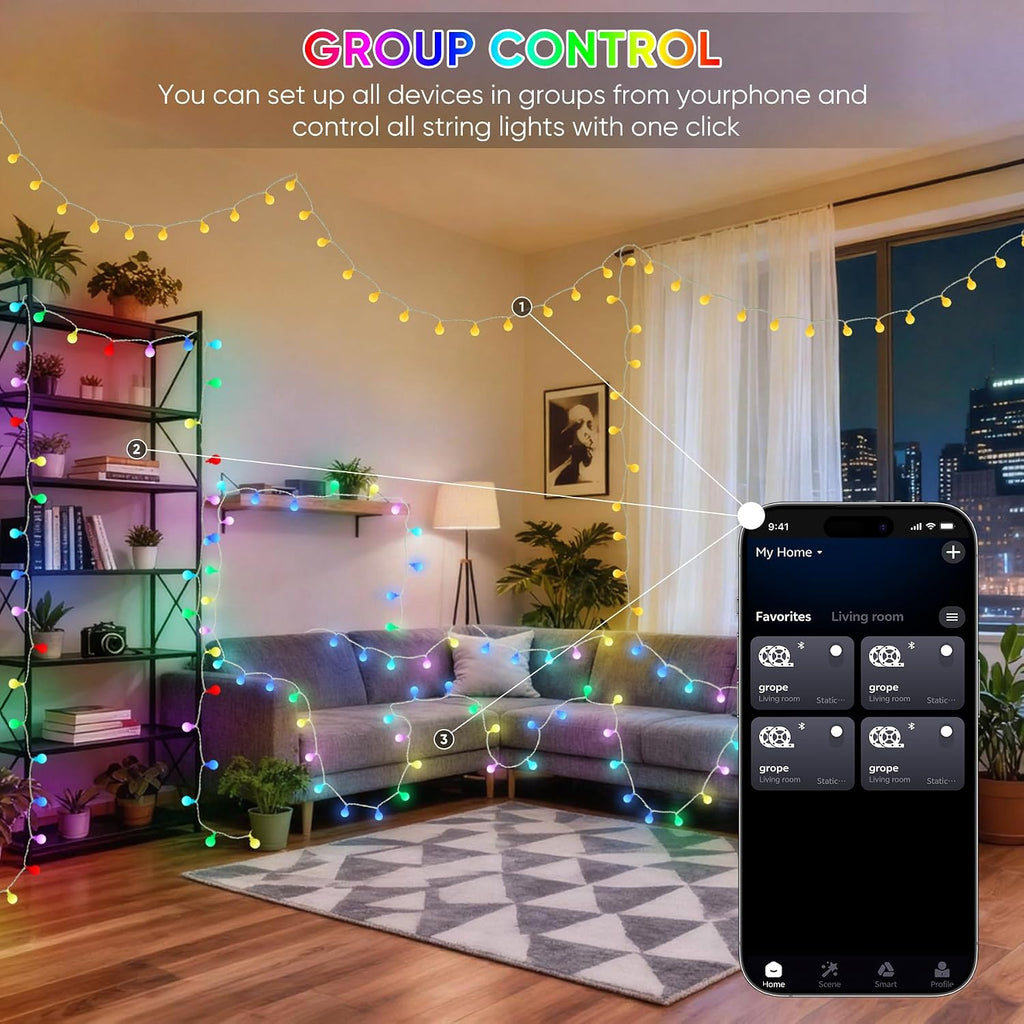 OMIKA 50FT 100 LED Smart Color Changing Globe String Lights, Smart Fairy Lights APP & Remote Control, Music Sync Twinkle Light, 100+ Dynamic Mode for Bedroom Classroom Party Christmas Decoration