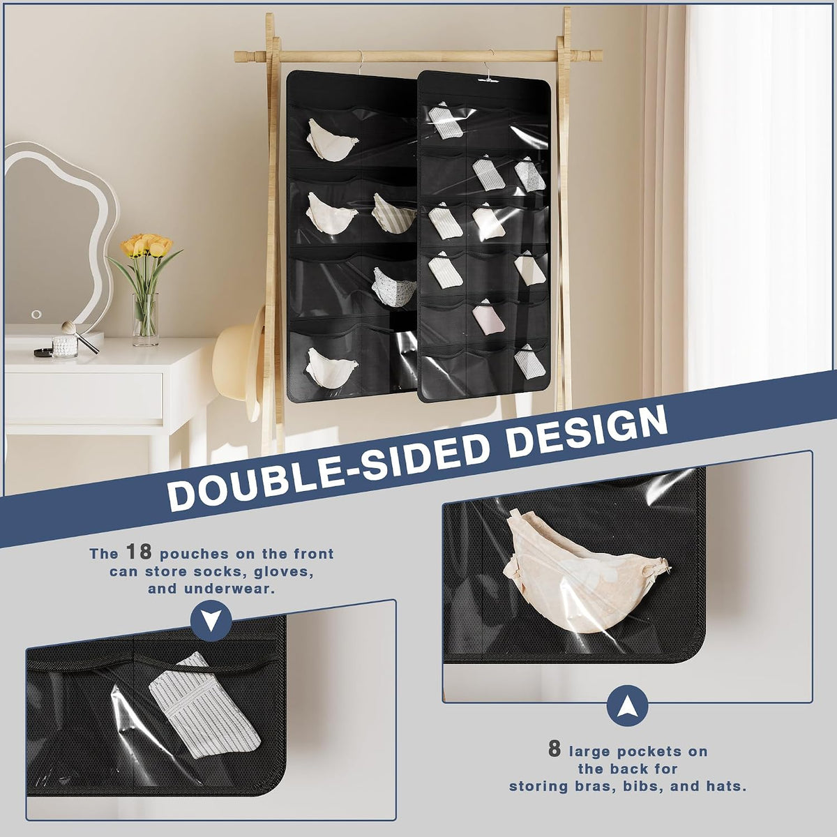26-Pocket Hanging Closet Organizer for Socks and Underwear, Black