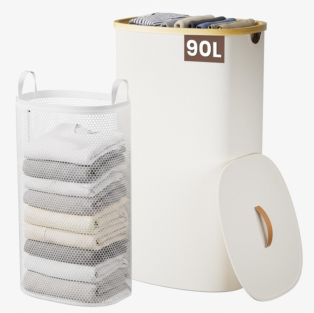 Laundry Hamper with Lid, 90L Large Tall Laundry Basket with Removable Laundry Bag, Collapsible Dirty Clothes Hamper for Bedroom, Bathroom and Laundry Room, Silver Gray