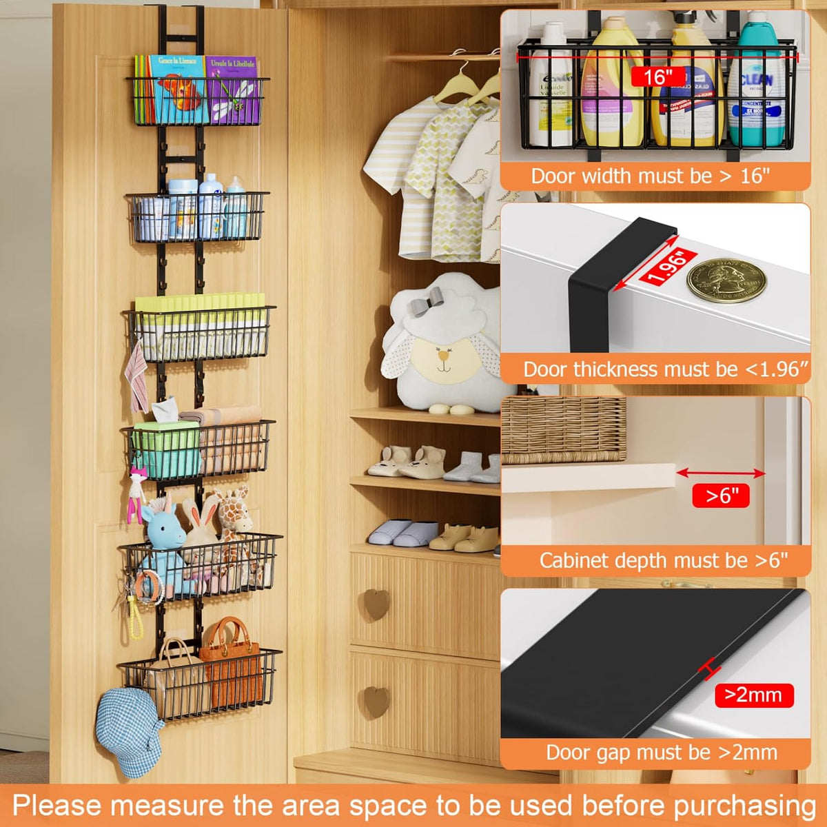 Hongtamoya Over The Door Organizer, Adjustable Hanging Door Organizer with 6 Wire Baskets 5 Hooks, Metal Behind The Door Storage for Pantry Closet Bedroom Bathroom Cabinet Kitchen Laundry Room, Black
