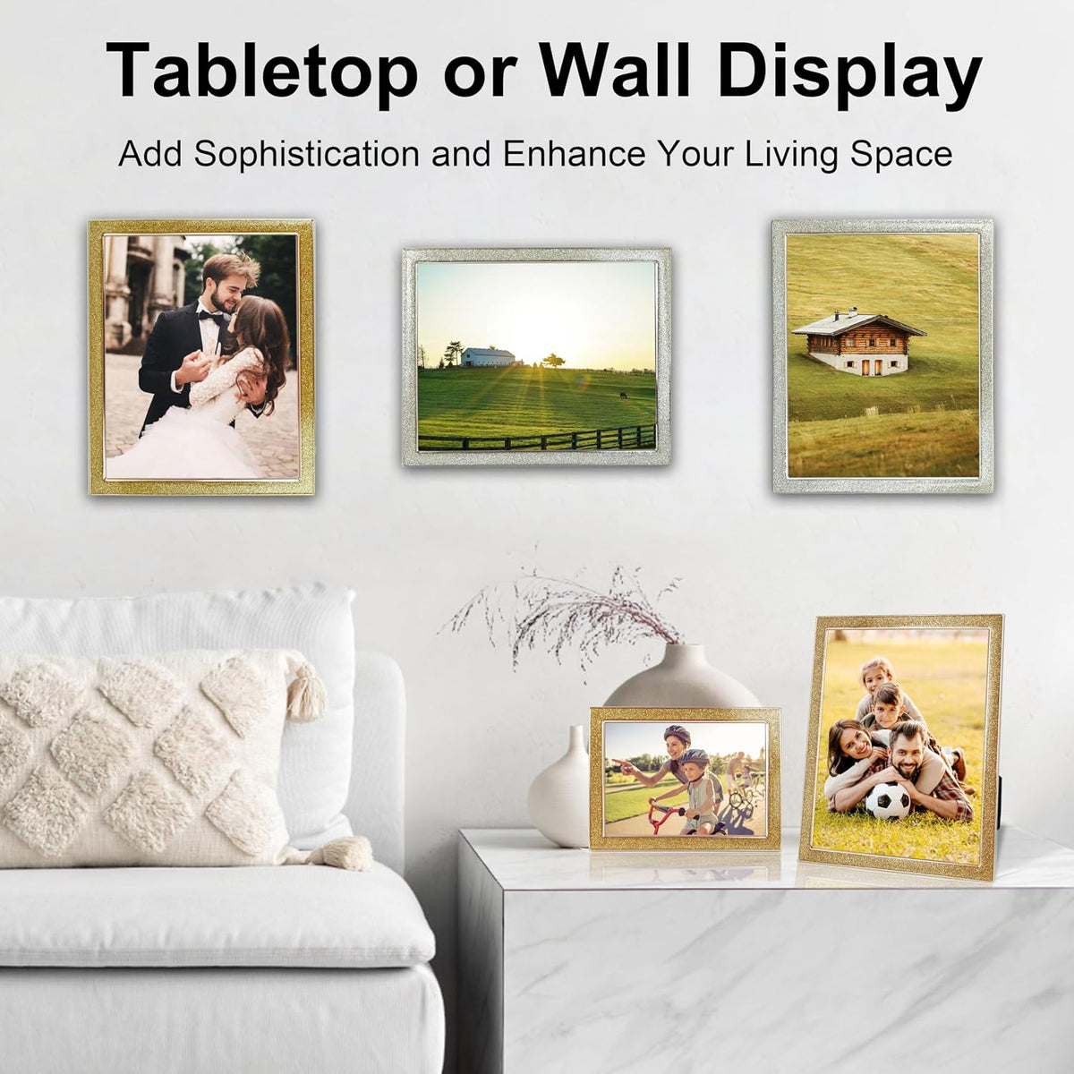 Enamel Picture Frames 8x10, 8 by 10 Silver Glittering Photo Frame with Real Glass & Velvet Back, Sparkling Metal frame for Tabletop or Wall, Amazing Weddings Graduation Gift & Wall Art Decor