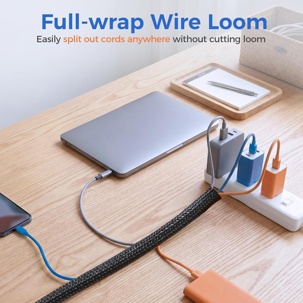 Delamu 30ft - 1/2 inch Cable Sleeve Cord Protector from Pets No Chew, Split-Braided PVC Wire Loom Tubing for Desk Computer USB TV Cord Organizer, Easy Set-up Cable Management Sleeve Kit, Black