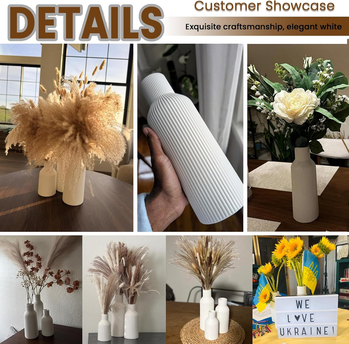 Beige Ceramic Flower Vases Set of 3, Modern Smooth Ribbed Texture, Nordic Minimalist Decor for Pampas, Dried & Fresh Flowers, Centerpiece for Living Room, Shelf, Entryway, Wedding