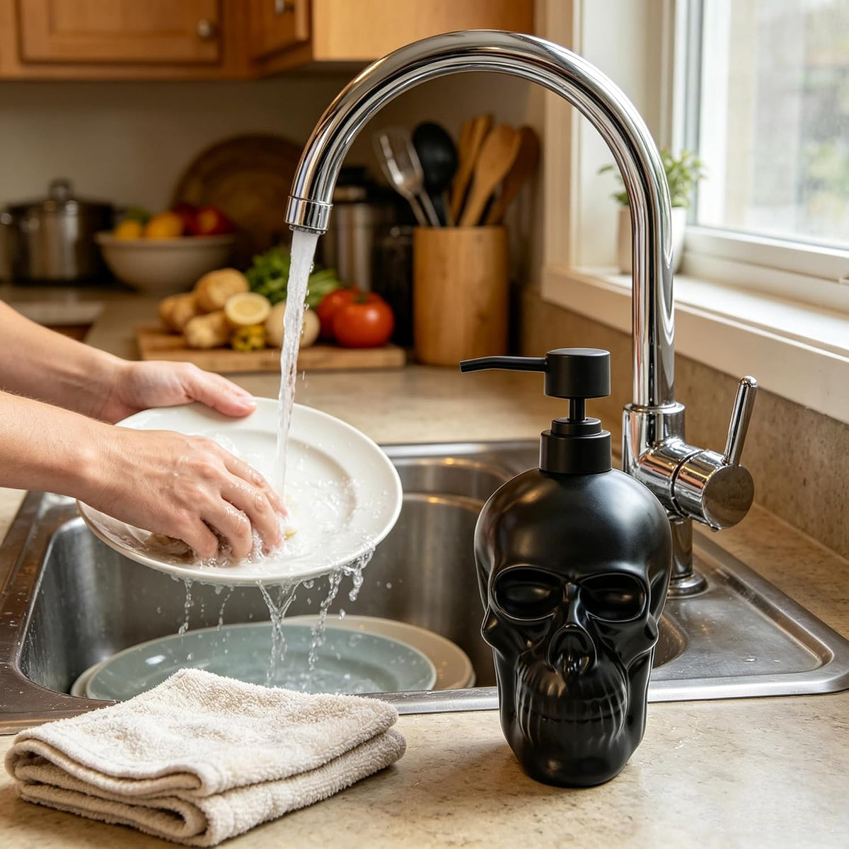 Ceramic Skull Soap Dispenser, Refillable Halloween Liquid Hand Soap Dispenser for Bathroom and Kitchen, Halloween Skull - Black