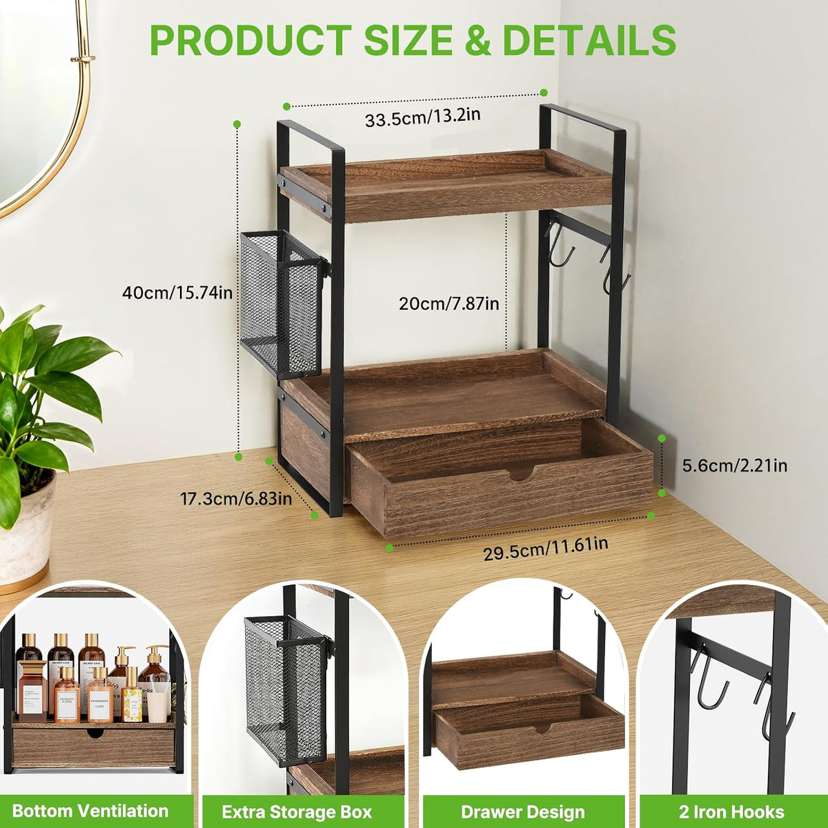 2-Tier Bathroom Counter Organizer with Drawer Basket and Hooks, Wood Bathroom Organizers and Storage for countertop, Farmhouse Dark Brown Countertop Organizer, Counter Shelf for Vanity Kitchen Office