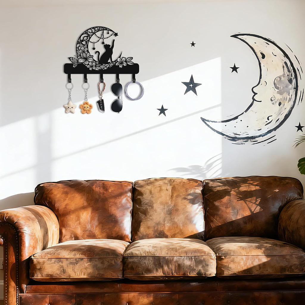 Cat Key Holder for Wall, Cat on Moon Entryway Decorative Key Hooks
