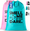 Extra Large Travel Laundry Bag - 2-Pack Fun Print Design Bags for Dirty Clothes - Durable Water-Resistant Fabric - Sturdy Drawstring Closure (Pink-Teal | Smell Me If You Dare)