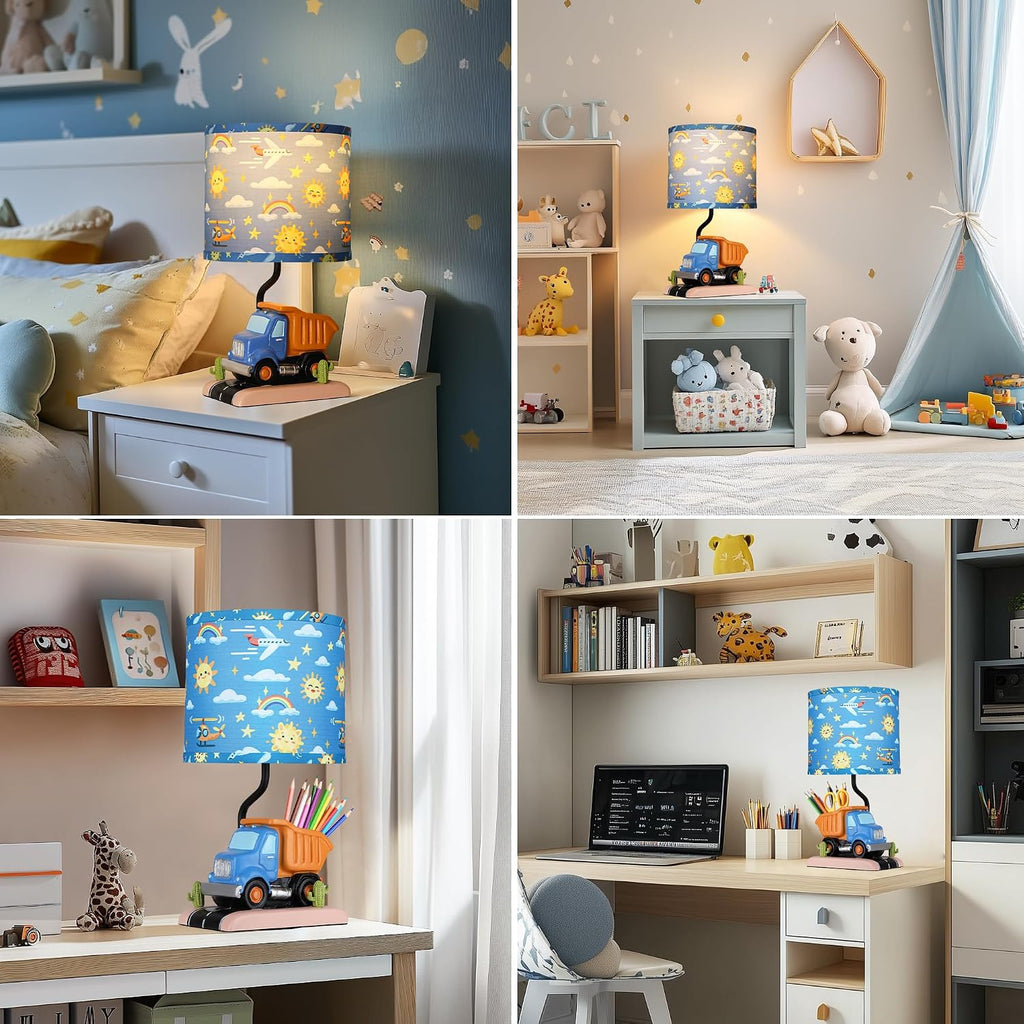 Hamucd Car Bedside Table Lamp for Kid, Truck Nursery Lamp for Boy Girl Bedroom Nightstand Study Room,Cute Desk Lamp with Blue Lampshade for Toddler Playing Room Classroom Decor,1 LED Bulb Included