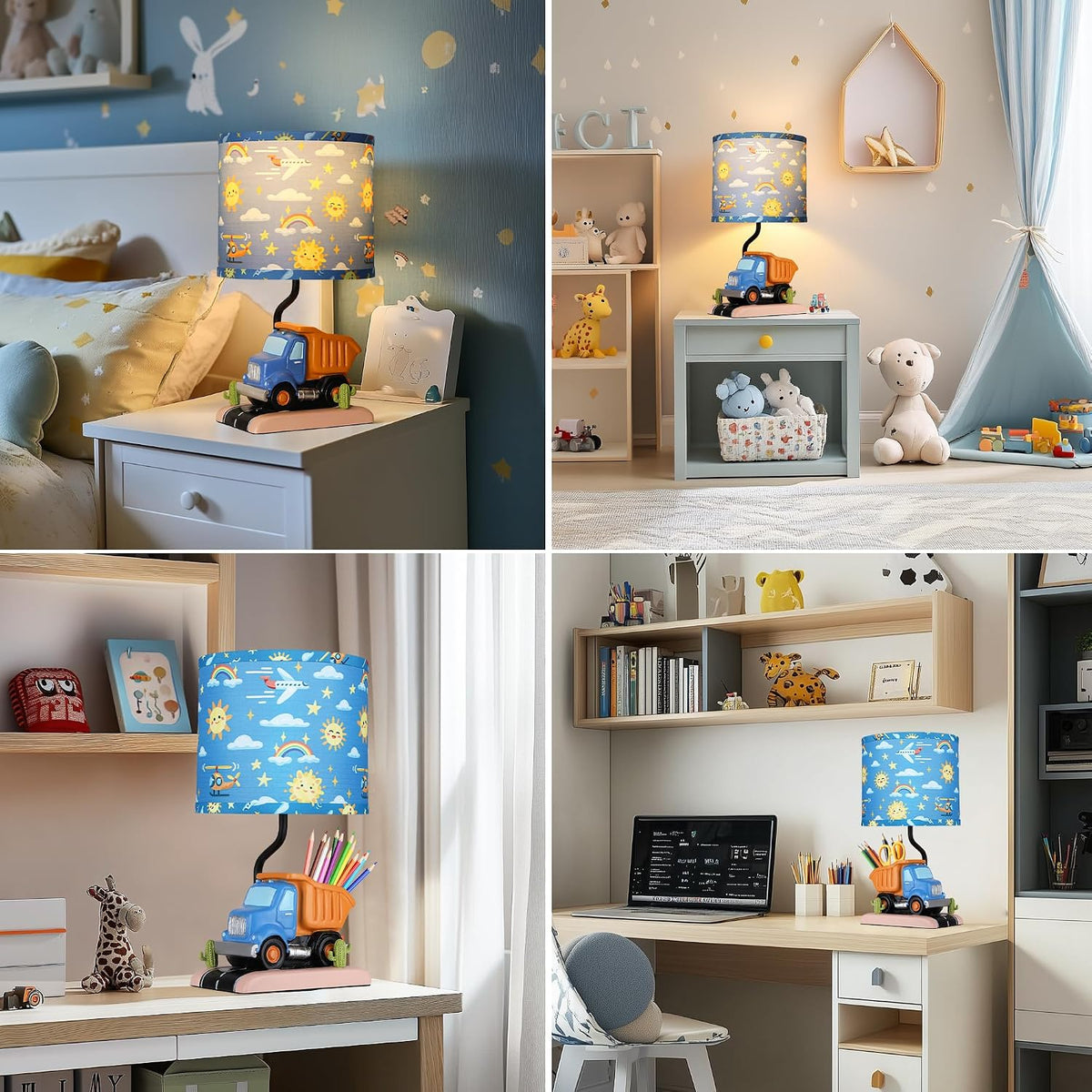 Hamucd Car Bedside Table Lamp for Kid, Truck Nursery Lamp for Boy Girl Bedroom Nightstand Study Room,Cute Desk Lamp with Blue Lampshade for Toddler Playing Room Classroom Decor,1 LED Bulb Included