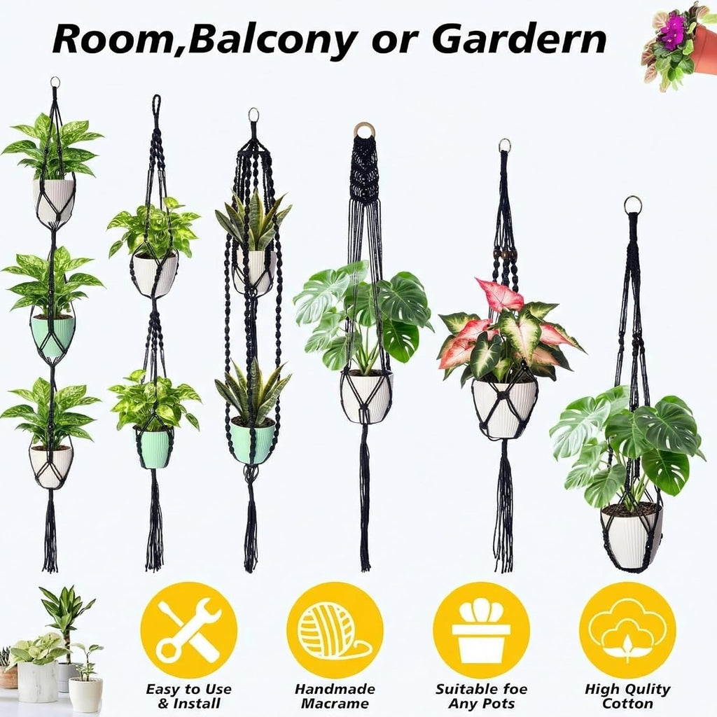SATINIOR 12 Pcs Macrame Plant Hangers Handmade Boho Hanging Planters 12 Different Tiered Designs with 12 Hooks for Flower Pots Indoor Outdoor Decorative Wall Hanging Baskets for Home (Gothic,Black)