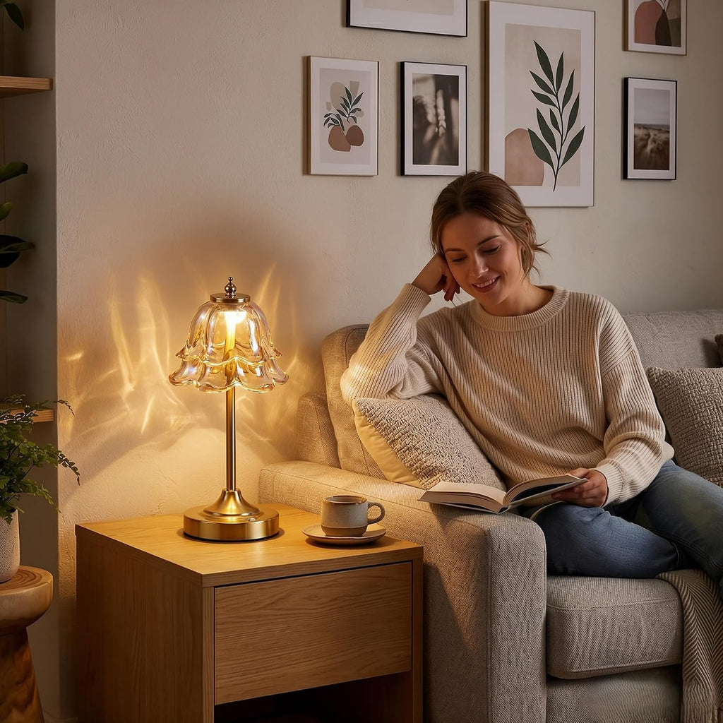 Glass Rechargeable Table Lamp, Vintage Flower Cordless Table Light -Amber