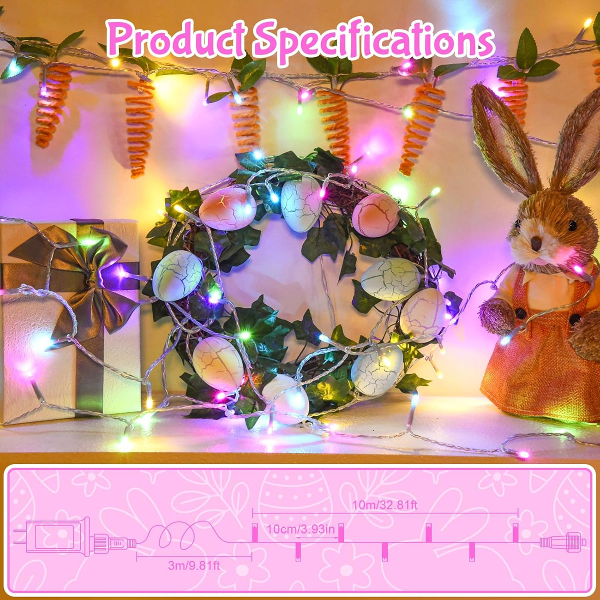 cshare Easter String Lights, Pastel Easter Lights Plug in with Timer 8 Lighting Modes 32ft 100LED Transparent Wire Fairy Lights for Easter Decorations Garland Outdoor Indoor Party