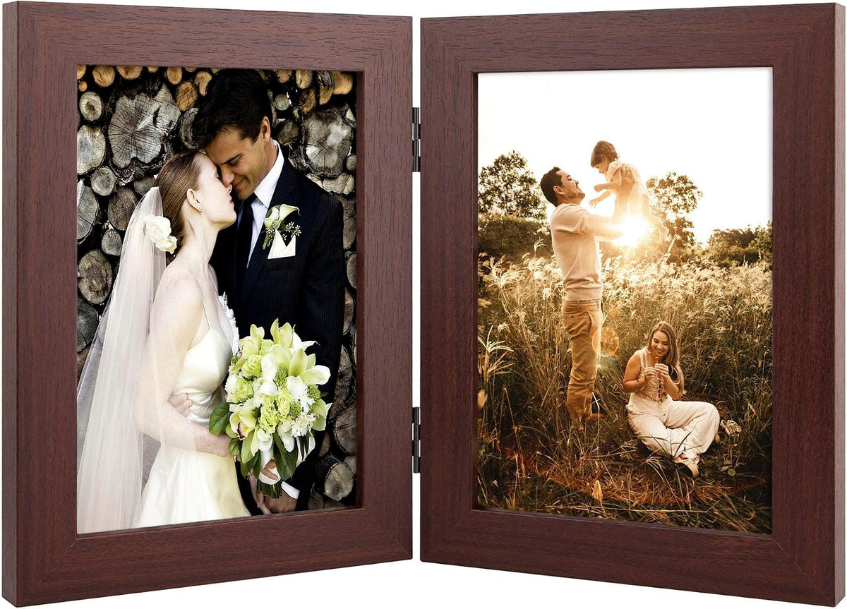 Golden State Art 5x7 Double Picture Frame, Hinged 2-Photo Frame,Brown 1Pack