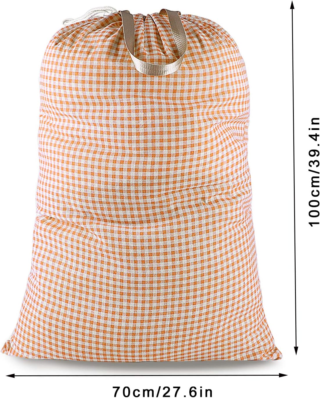 Extra Large Laundry Bag with Drawstring and Handle, Heavy Duty Travel Dirty Clothes Bag for Laundromat and Household, Durable Rip-Stop Laundry Hamper Liner, 28 x 40 Inch, Check Orange