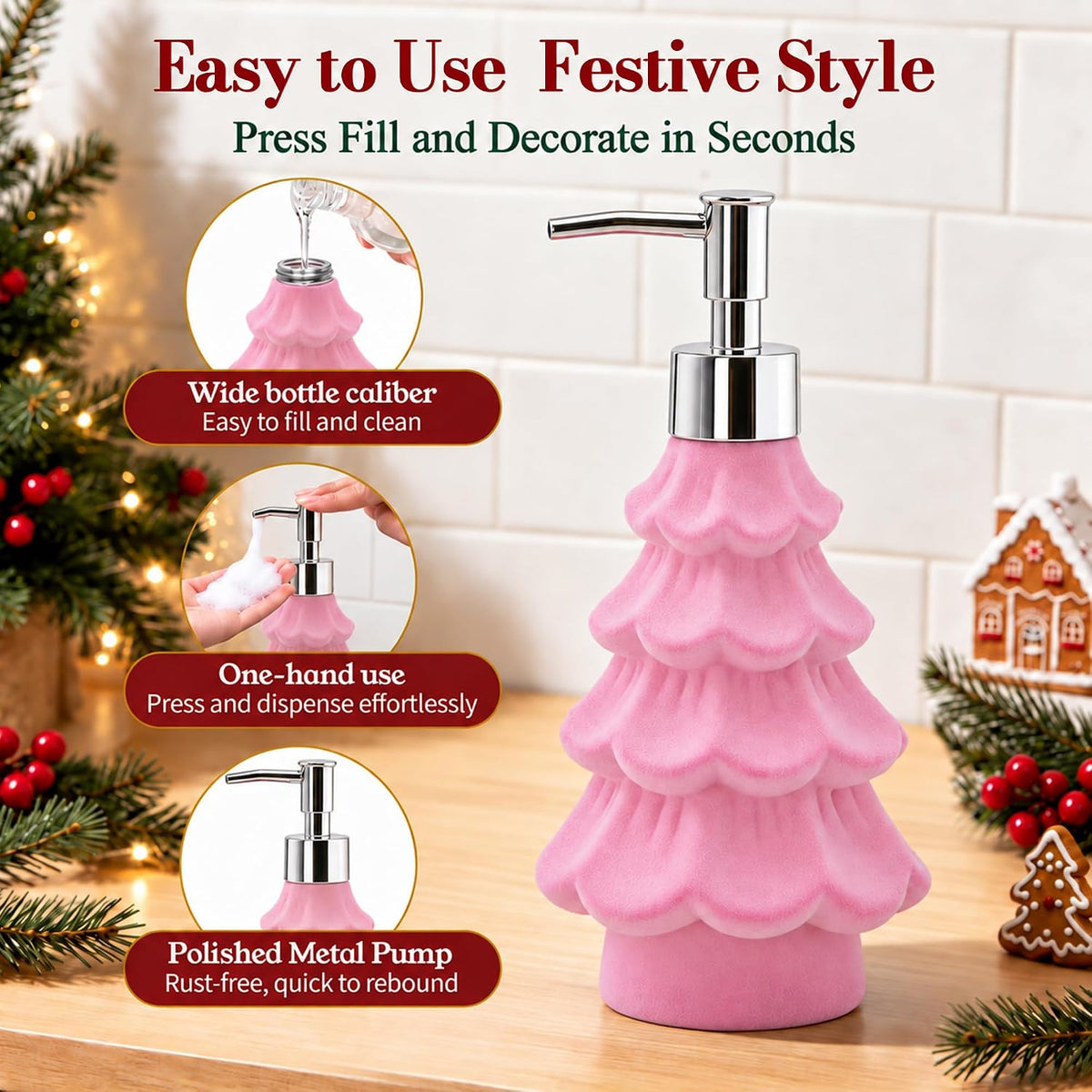Christmas Soap Dispenser, Flocked Pink Christmas Tree for Bathroom Kitchen