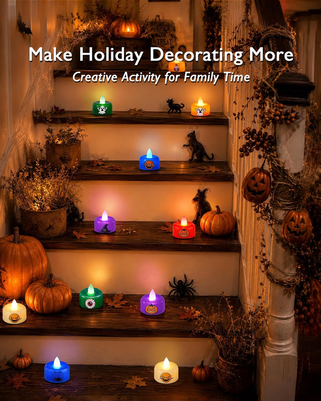 Amagic 24Pack Halloween Multicolor LED Tea Lights Candles with DIY Stickers