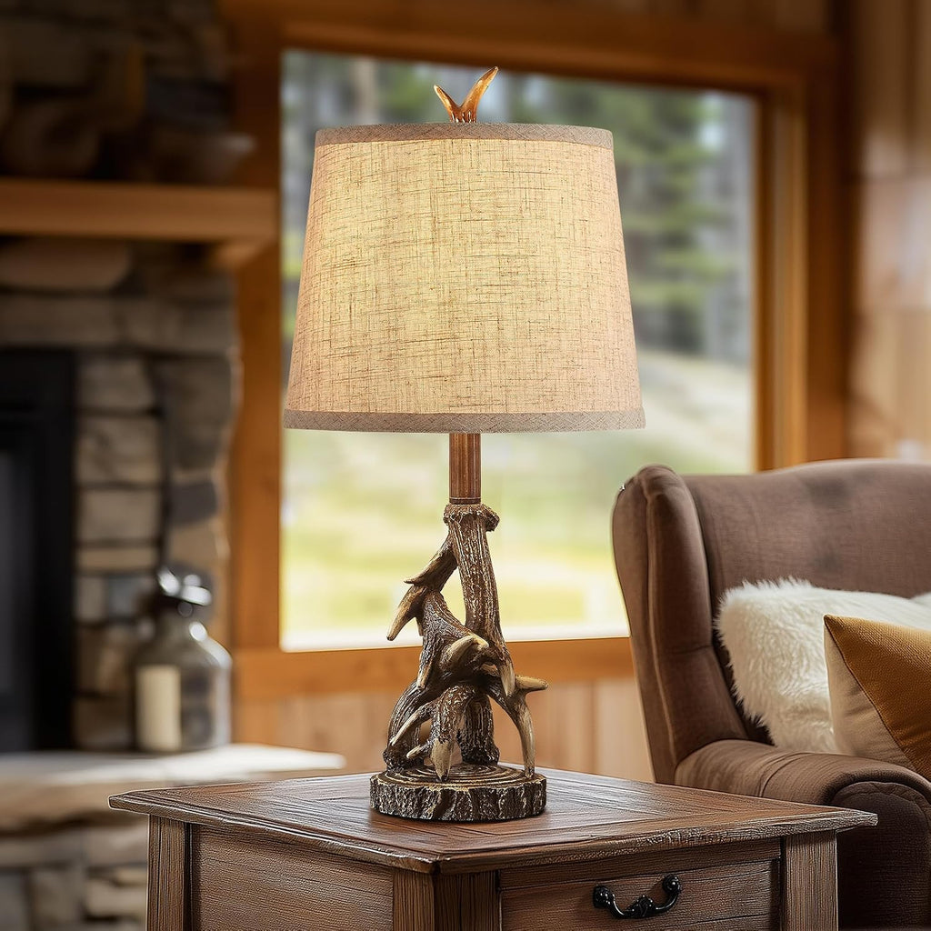 23'' Rustic Farmhouse Table Lamps Set of 2 Deer Antler Lamps for Bedroom Nightstand Lamp Western Cabin Side Lamp for Living Room End Table Study Room Desk,Brown