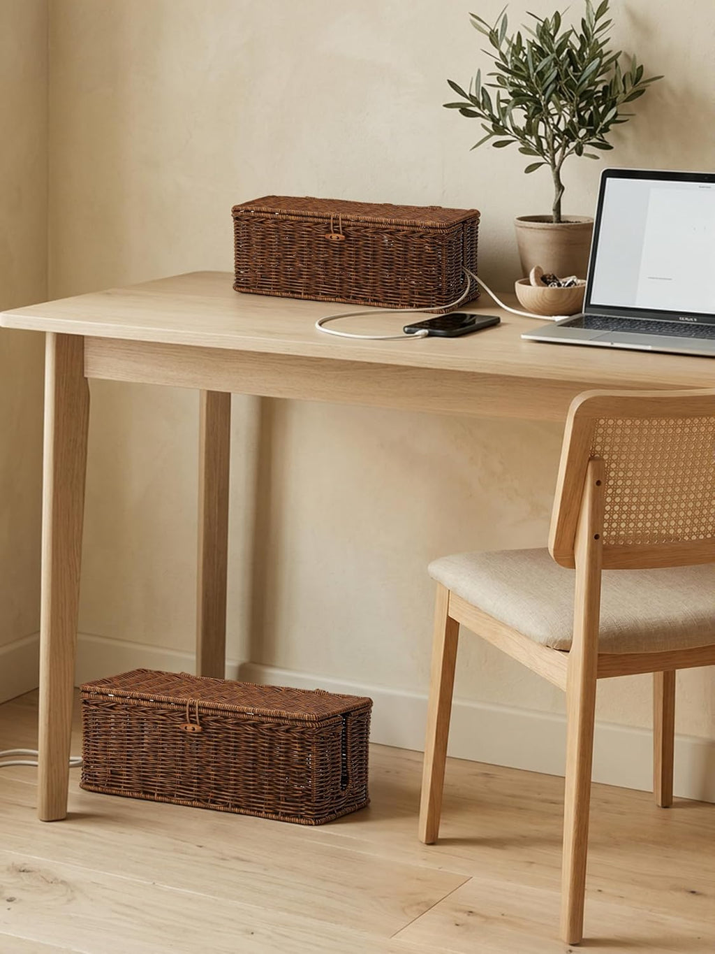 BROWNLILY Cable Management Box, Rattan Style Cord Organizer for Desk Cord Hider Outlet Covers for Power Strip Router Charger Under Desk Storage with Lockable Lid & Cable Ties(Braided Edging,Brown,Set)