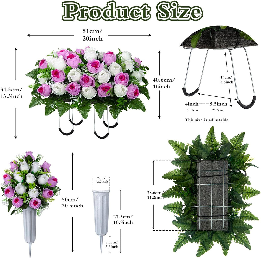 Artificial Cemetery Flowers Saddle Grave Memorial Rose Flowers with Vase for Cemetery Headstones Gravesites Decoration (White&Pink, 1 Saddle & 2Bouquets with Vase)