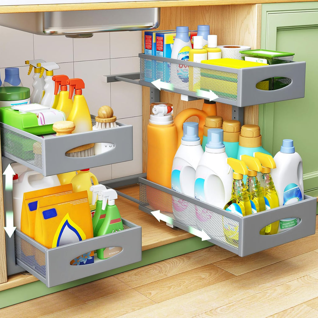 2 Pack Under Sink Organizer, 2 Tier Pull out Cabinet Organizer Mesh Baskets with 5 Adjustable Heights, Sliding Drawers Storage Shelf for Home, Kitchen, Bathroom, Pantry, Office, Countertop ,Grey