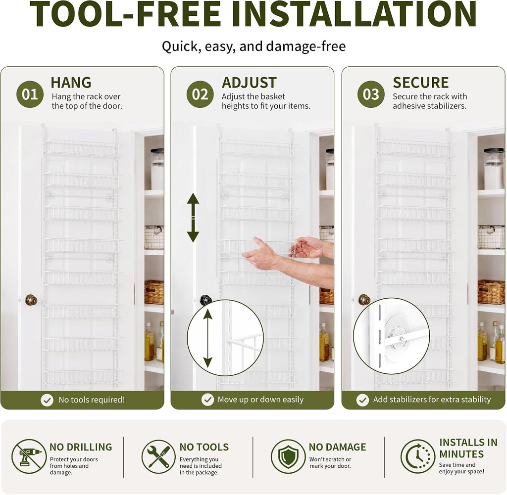 ElegantArray 8-Tier Pantry Door Organizer, Hanging Storage Basket, White