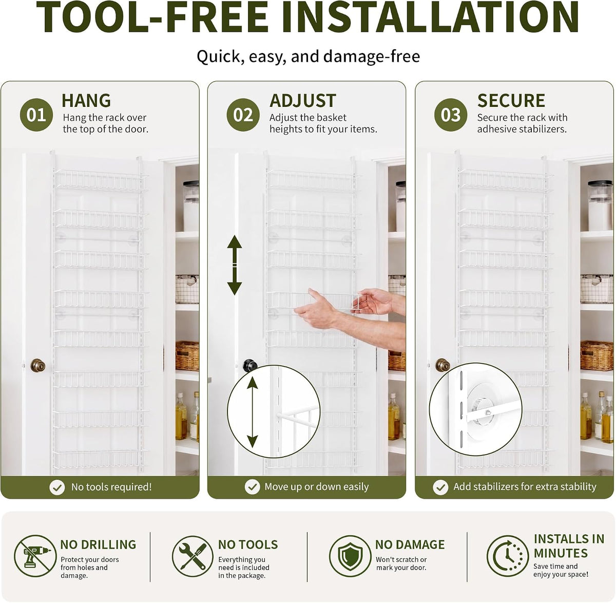 ElegantArray 8-Tier Pantry Door Organizer, Hanging Storage Basket, White