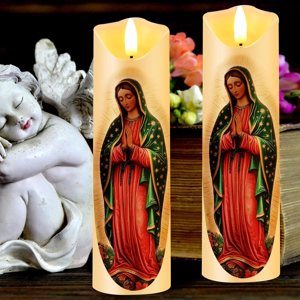 Baquler 2 Pcs Religious Flameless LED Prayer Candle, Our Lady of Guadalupe
