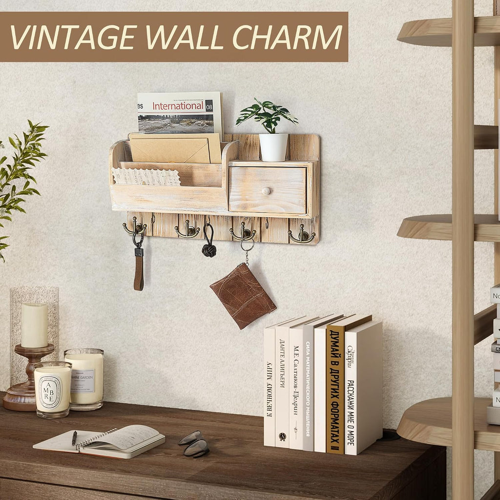 Rebee Vision Key Holder Wall Mount with Drawer for Entryway, Natural Wood