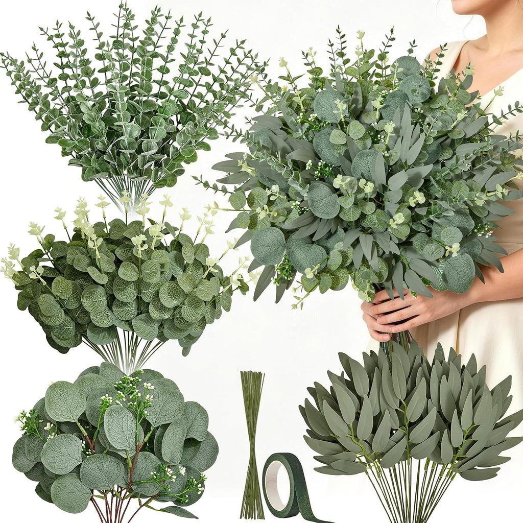 Serwalin 100PCS Artificial Eucalyptus Stems Bulk, Mixed Greenery Stems
