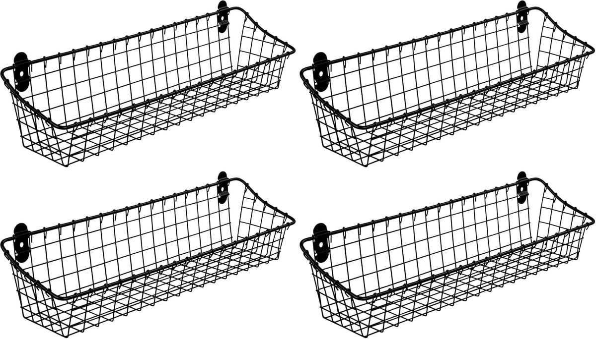 Spectrum Medium Wire Wall Basket Matte Black Rustic Wall Bin, Vintage Wire Basket_Wall Mount Hanging Caddy for Kitchen Organization, Wall_Mount Storage for Pantry Bathroom Kitchen, Medium (Pack of 4)