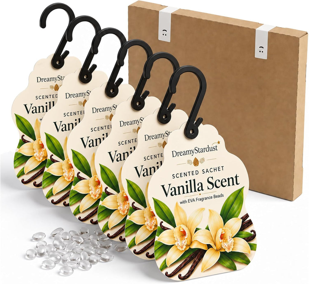 Vanilla Scented Sachets for Drawers & Closets, 6 Pack Hanging Fragrance Sachets with EVA Beads for Wardrobe, Car, Shoe Cabinet and Bathroom, 0.35 oz Each