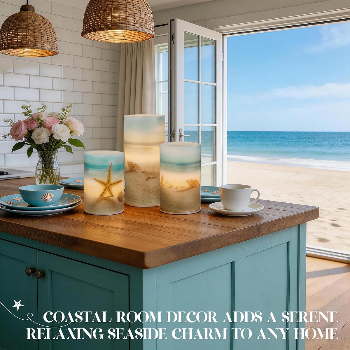 Beach Coastal Ocean Decor Seashell & Starfish Battery Flameless LED Candles