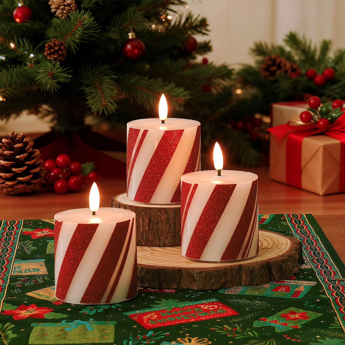 Christmas Candy Cane Stripe Flameless Pillar Candles, Real Wax Red and White Battery Operated Flickering Candles with Timer for Xmas Holiday Home Decoraction, Set of 3(3"x3")