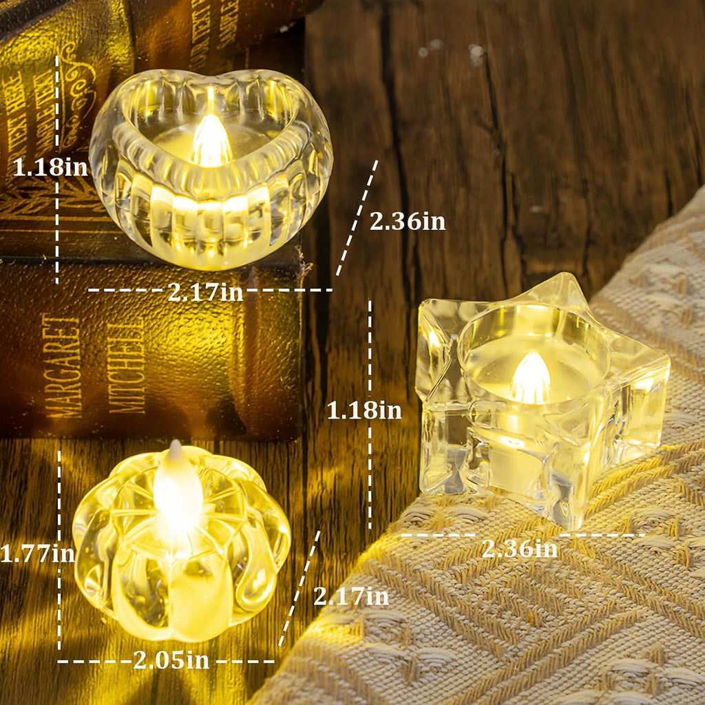 AVEKI 12 Pack Crystal Flameless Tea Lights Candles Battery Operated, Heart-Shaped Flameless Tealight Candles for Halloween Christmas Wedding Party Home Decor (Heart)