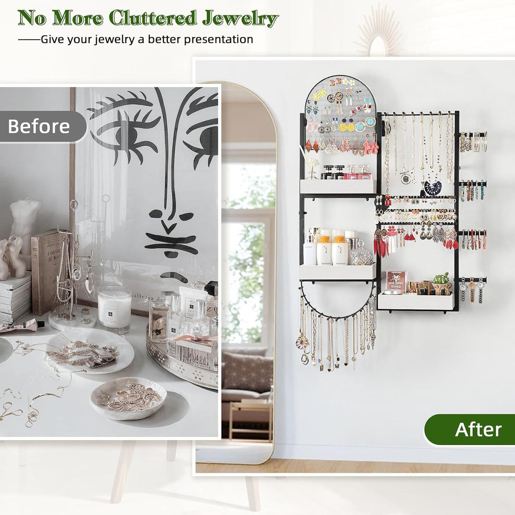 Keebofly Wall Mount Hanging Jewelry Organizer - Large Display Holder for Earrings, Rings, Necklaces, Bracelets, Watches and Perfume - White