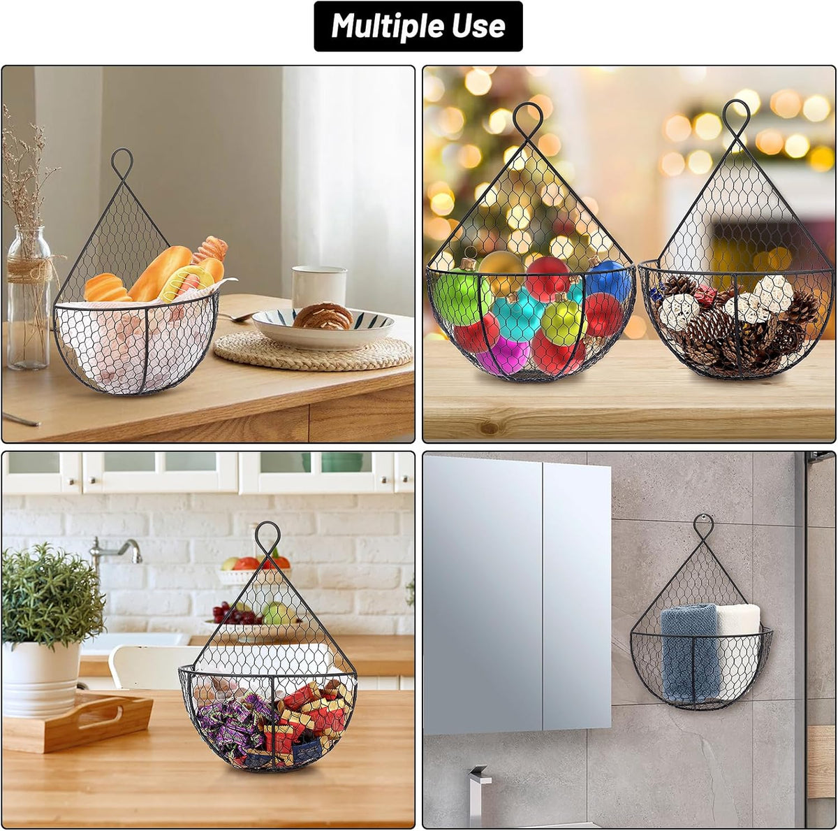 BSTKEY Set of 2 Hanging Black Metal Fruit Vegetable Baskets
