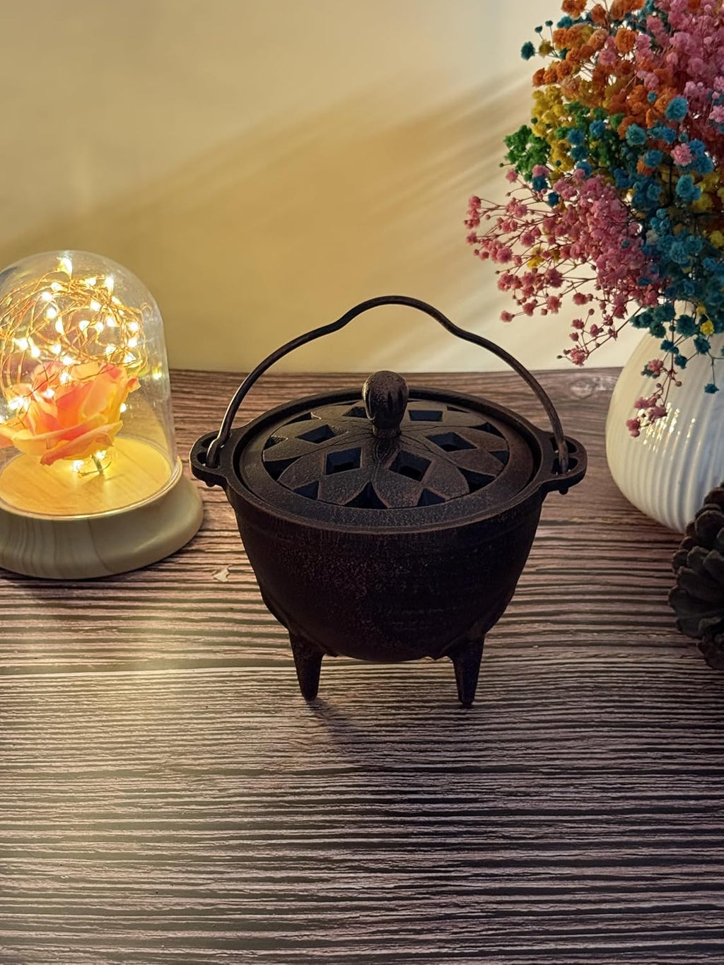 YIMIFLA Incense Burner Holder with Lid and Handle Cast Iron Cauldron 4.9" Frankincense Resin Charcoal Incense Burner Great for Yoga, Spa Aromatherapy, Smudging, Ritual & Blessings (Red Bronze)
