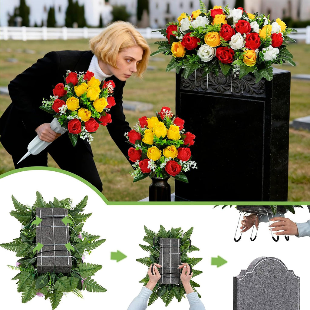 Artificial Cemetery Flowers Saddle Grave Memorial Rose Flowers with Vase for Cemetery Headstones Gravesites Decoration (White&Red&Yellow, 1 Saddle & 2Bouquets with Vase)
