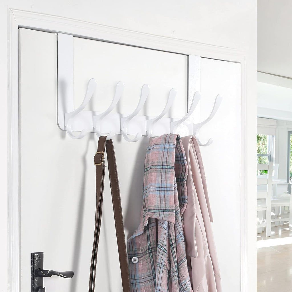 SKOLOO Over The Door Hooks - for Doors up to 4.5cm Thick, No Assembly Required, Stainless Steel Door Hanger with 6 Hooks, Over The Door Hanger for Coats Clothes Hat Towel Jacket, White