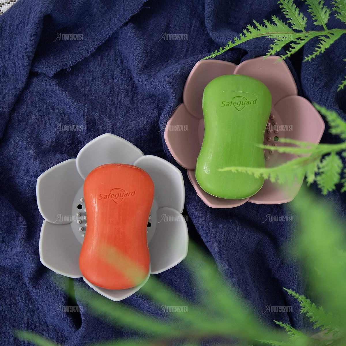 AUEAR, 4 Pack Lotus Flowers Soap Dish with Drain Silicone Holder Non-Slip Flexible Tray for Bathroom Shower