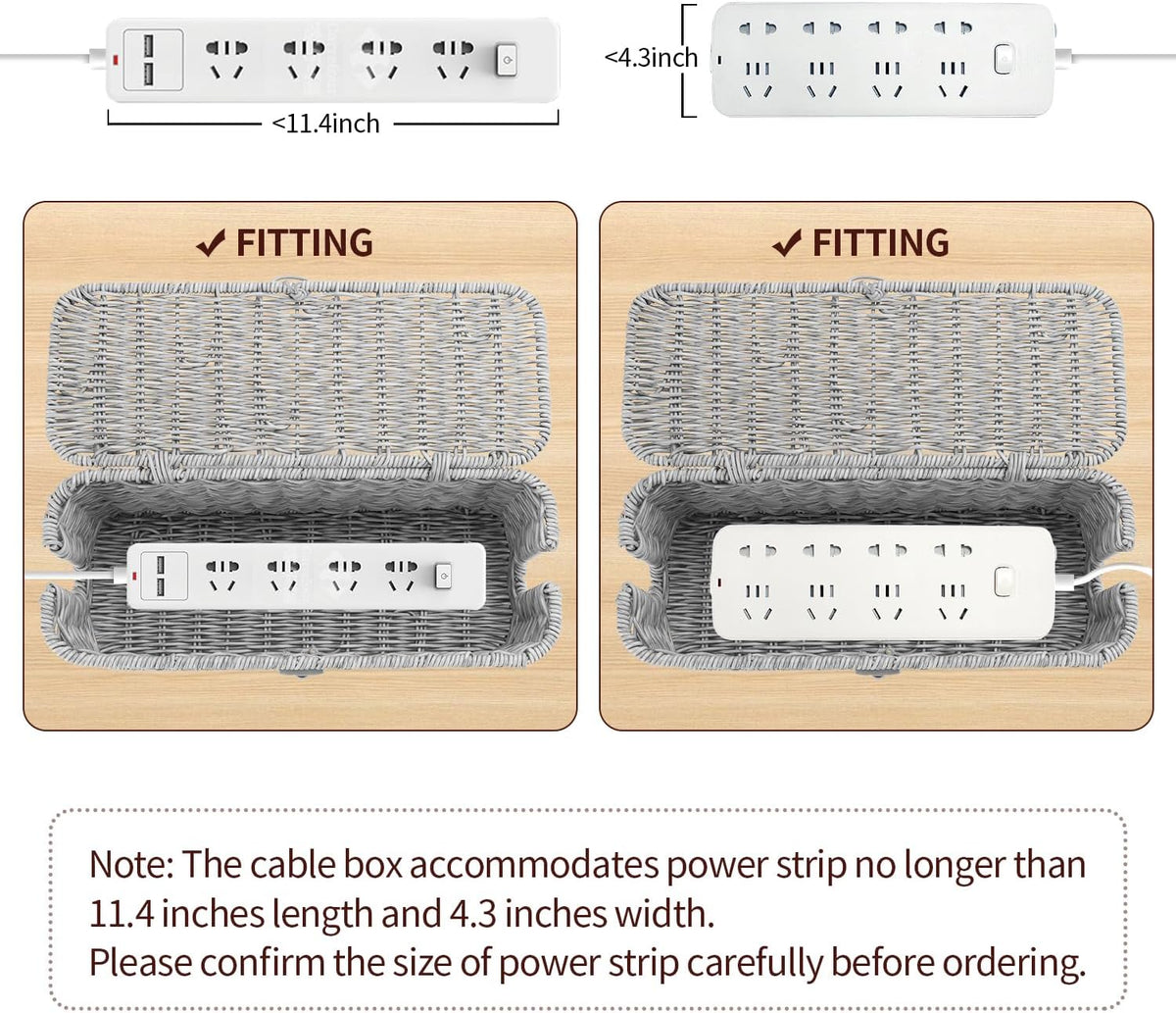 Cable Management Box, Desk Handwoven Rattan Cord Hider Cable Organizer Box With Lid Button Lock, Power Strip Cover Wicker Decorative Basket, Floor Wire Hiding Extension Cord Box (grey)