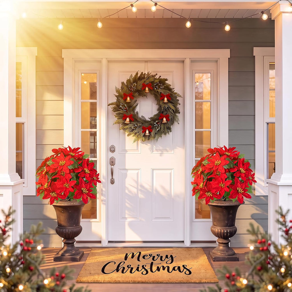 Artificial Christmas Poinsettia Flower Topiary Shrubs, Faux Greenery Ball Bush for Christmas Decoration,24.8" Fake Tree with Ground Spike,UV Resistant Plants for Front Porch Outdoor Decor,Set of 2
